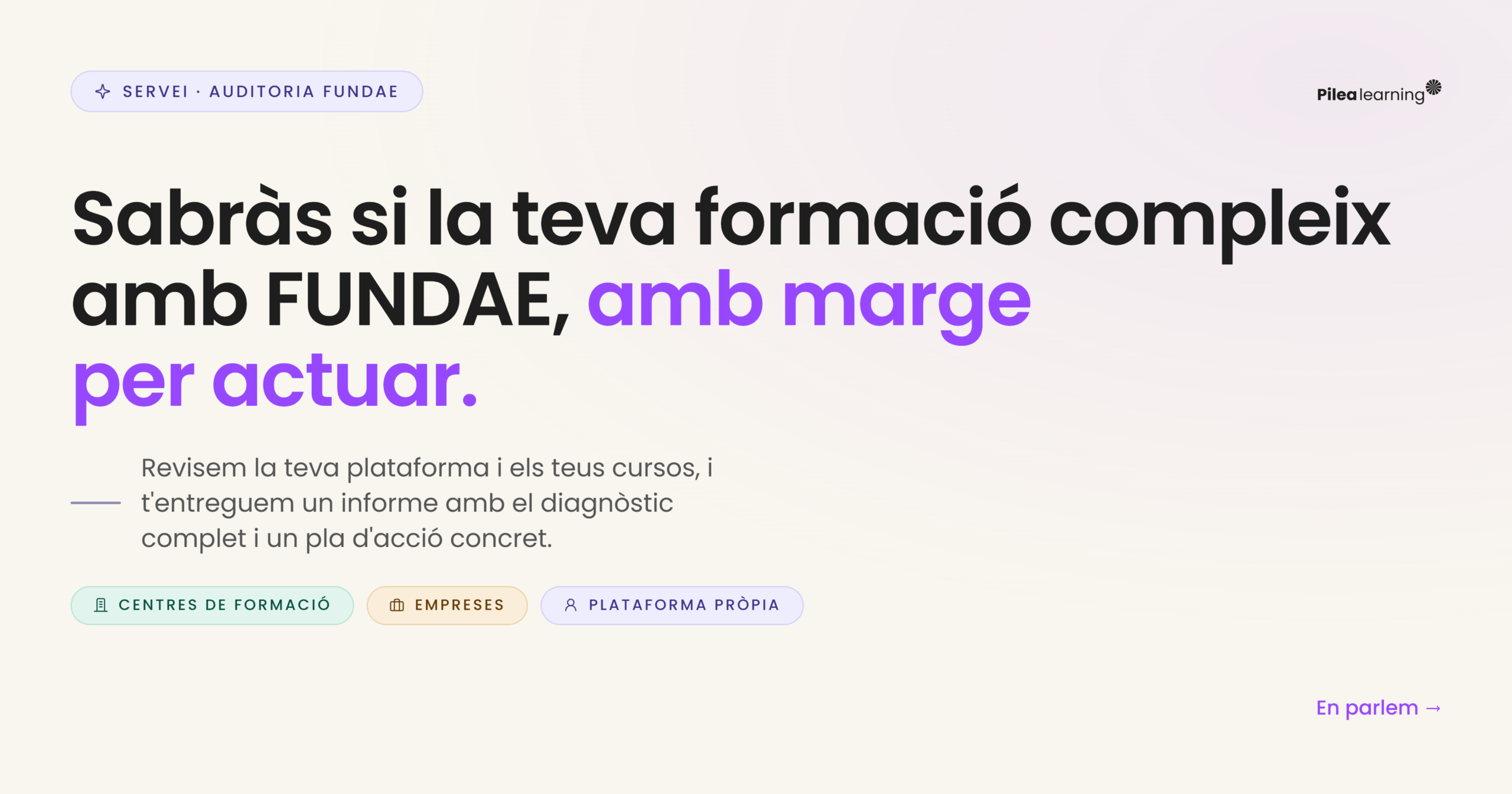 Auditoria de compliment FUNDAE: sabràs si la teva formació compleix, amb marge per a actuar abans d'una inspecció. Per a centres de formació, empreses i qualsevol amb plataforma pròpia.