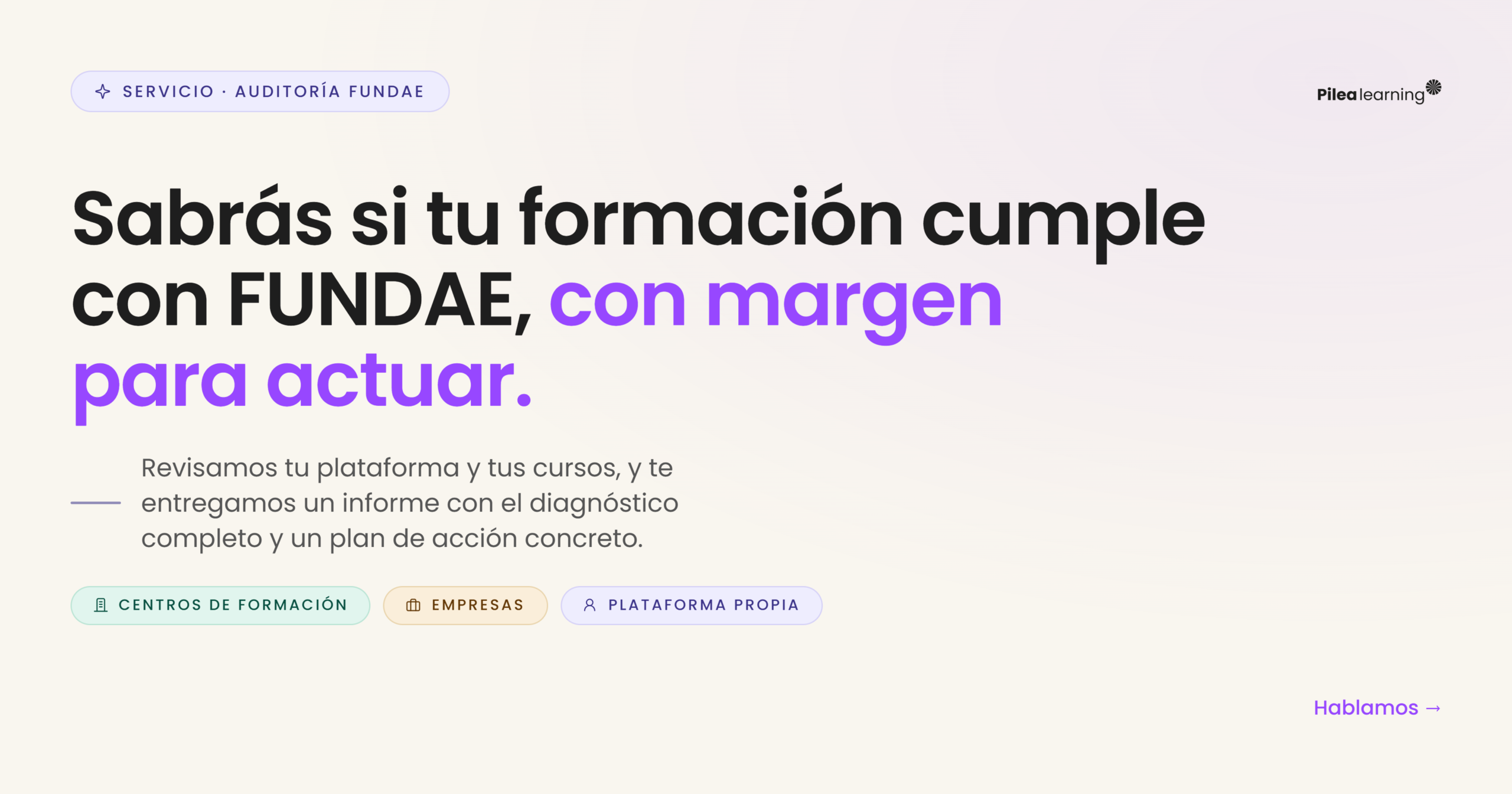Auditoría de cumplimiento FUNDAE: sabrás si tu formación cumple, con margen para actuar antes de una inspección. Para centros de formación, empresas y cualquiera con plataforma propia.