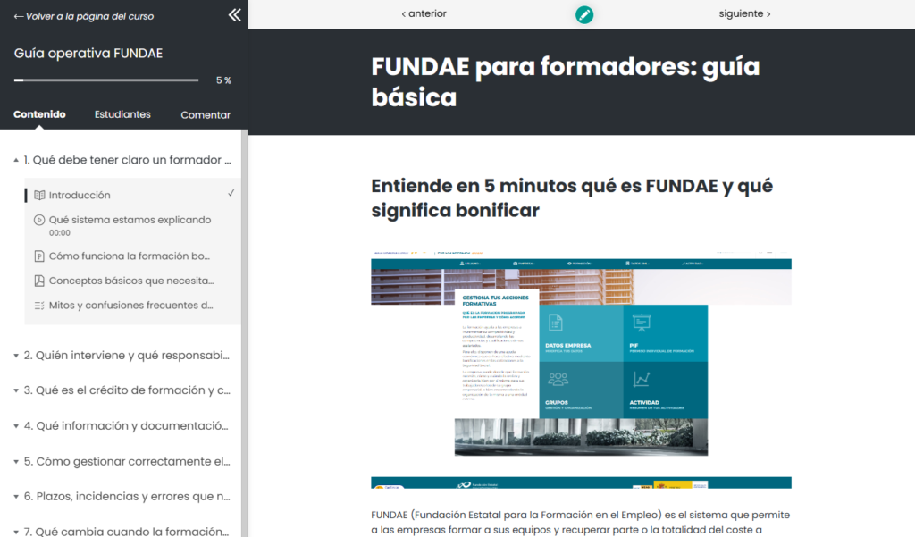 Panel de un curso de teleformación en LearnWorlds, con el temario "Guía operativa FUNDAE" y la lección "FUNDAE para formadores: guía básica"