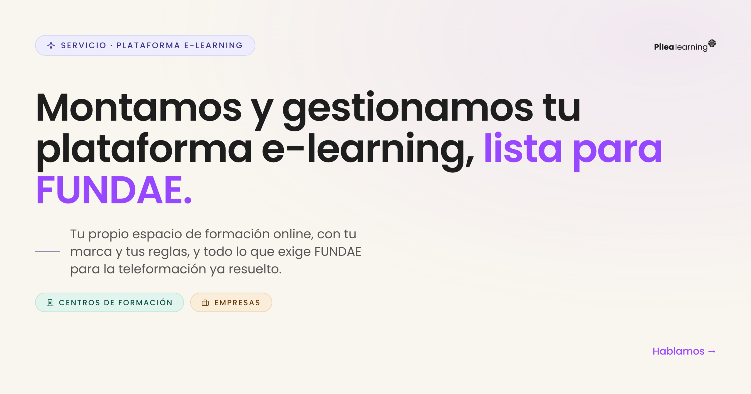 Página de servicio de Pilea Learning con el mensaje "Montamos y gestionamos tu plataforma e-learning, lista para FUNDAE", con accesos para centros de formación y empresas